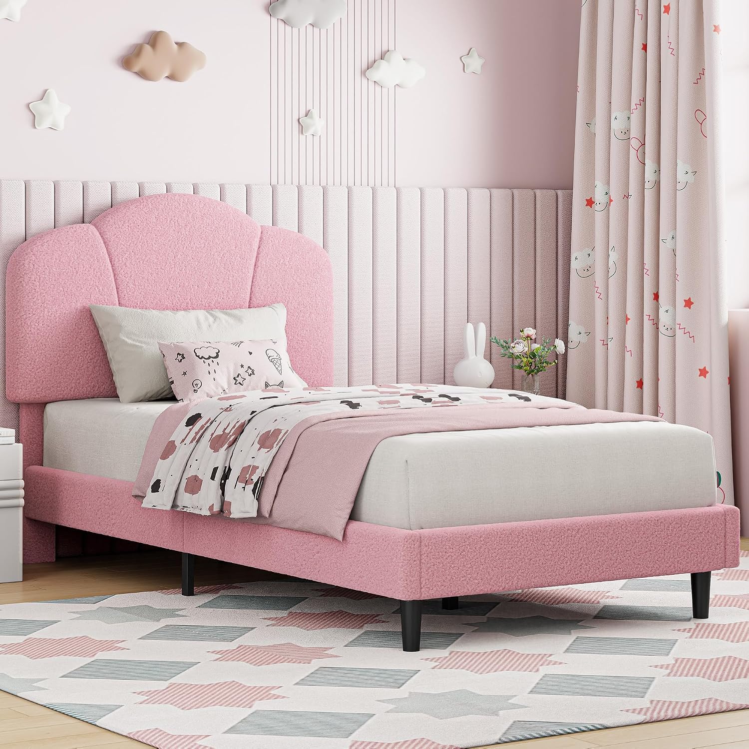 LIKIMIO Twin Size Bed Frame, Upholstered Twin Platform Bed with Headboard Lamb Velvet Twin Beds, No Box Spring Needed with 800LBS Sturdy Wooden Slats Support, Noise Free, Easy Assembly, Pink