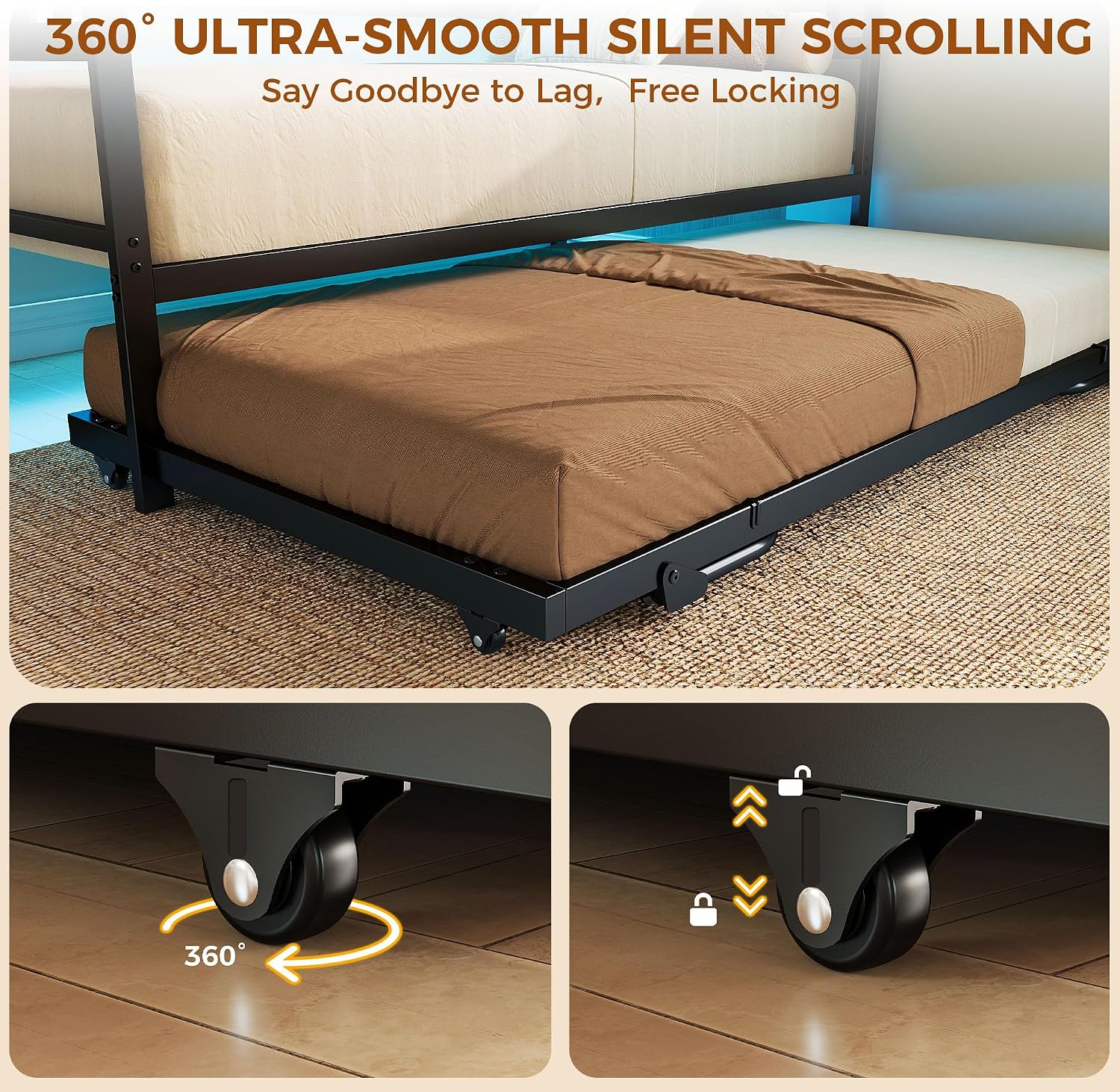 LIKIMIO Daybed with Trundle & Foldable Headboard, 700lbs Metal Twin Bed Frame with LED Lights and Charging Station, Industrial Day Bed for Bedroom, Living Room, Black
