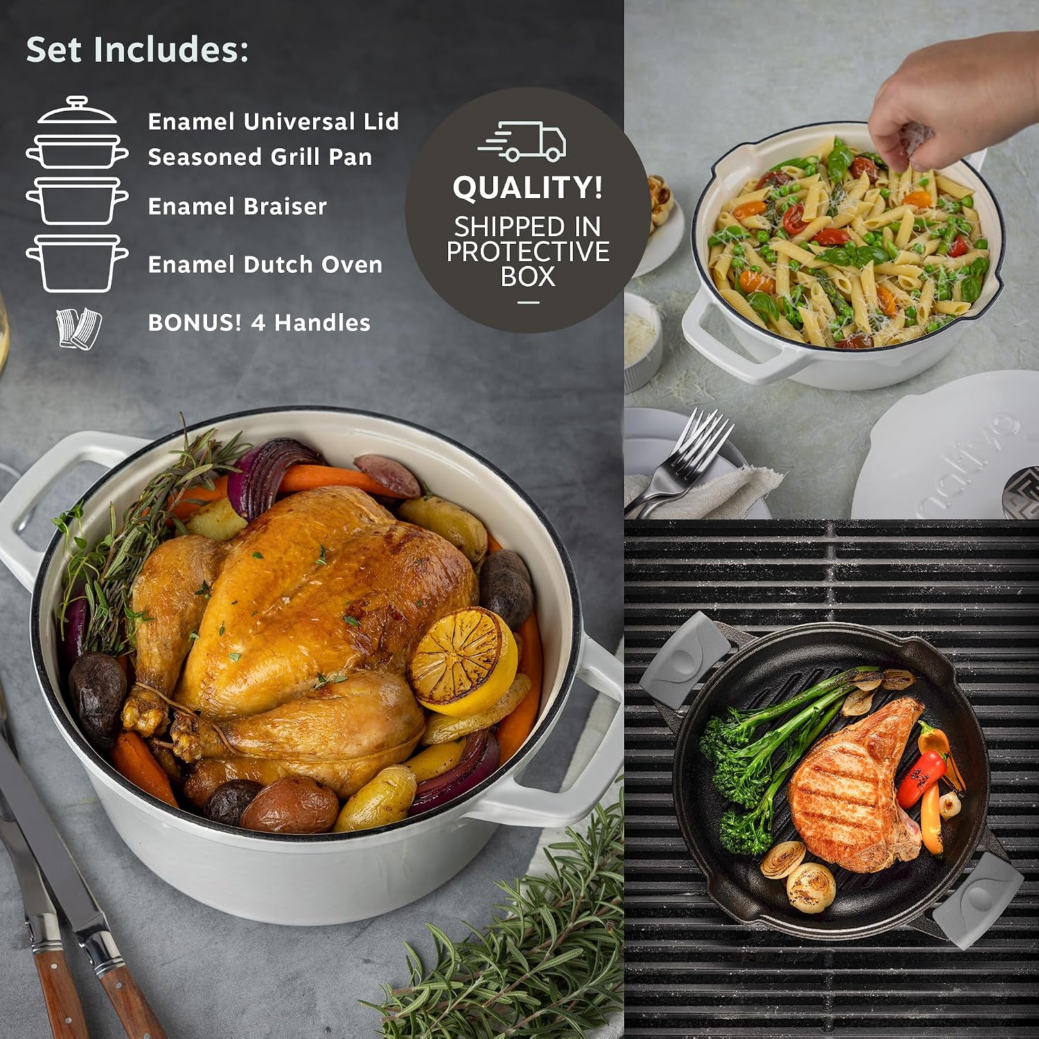 NATIVO 5pc Stackable Cast Iron Cookware Set, Versatile Enamel Dutch Oven, Seasoned Grill Pan & Enamel Braiser with Precision Pour Spouts, Universal Lid, Included Spacers/Handle Holders, White Dutch