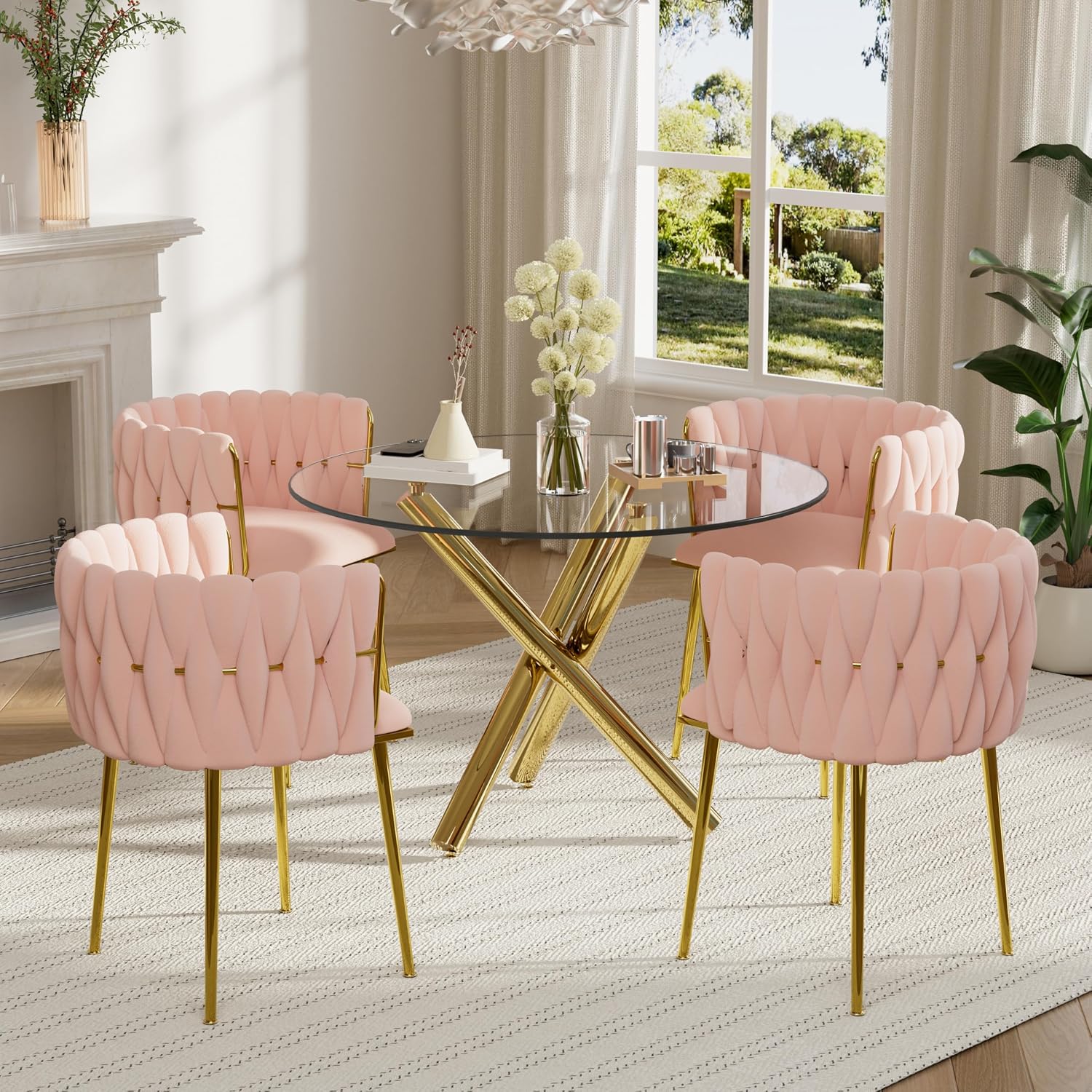 5 Piece Modern Golden Round Dining Set, 36'' Luxury Circular Kitchen Table Set, Clear Circle Glass Top Dinner Room Set for 4, Pink Woven Chairs, for Bedroom Small Apartment Living Room