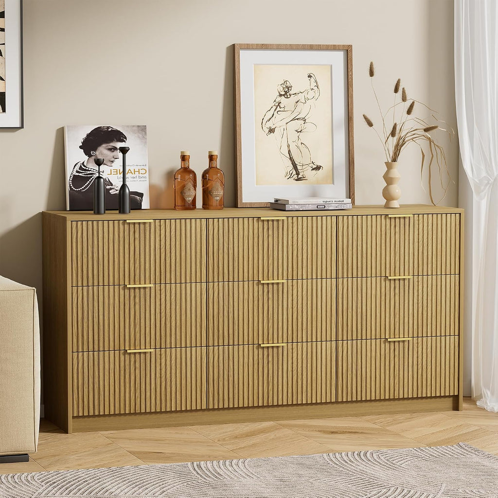 Furniway Mid Century Modern Dresser for Bedroom, 9 Drawer Wood Dresser with Fluted Front and Smooth Slides, 63' Wide Chest of Drawers, Natural Oak
