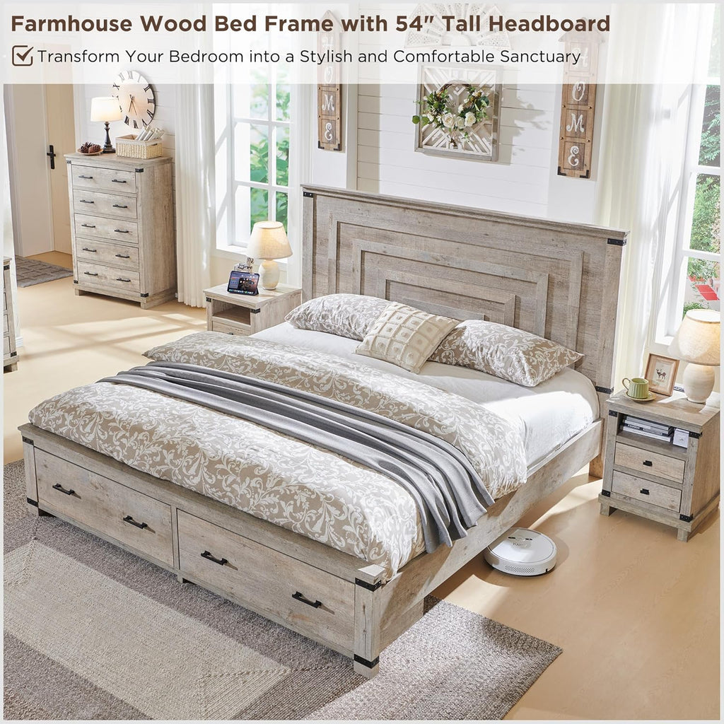 RedLemon Farmhouse Queen Size Wood Bed Frame with 54' Tall Geometric Headboard, 2 Large Storage Drawers, Solid Wood Slats Support, Noise Free, No Box Spring Needed, Light Rustic Oak