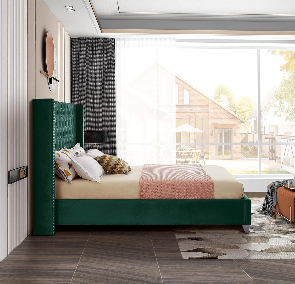 Meridian Furniture Aiden Collection Modern | Contemporary Velvet Upholstered Bed with Deep Button Tufting, Solid Wood Frame, and Custom Chrome Legs, Full, Green