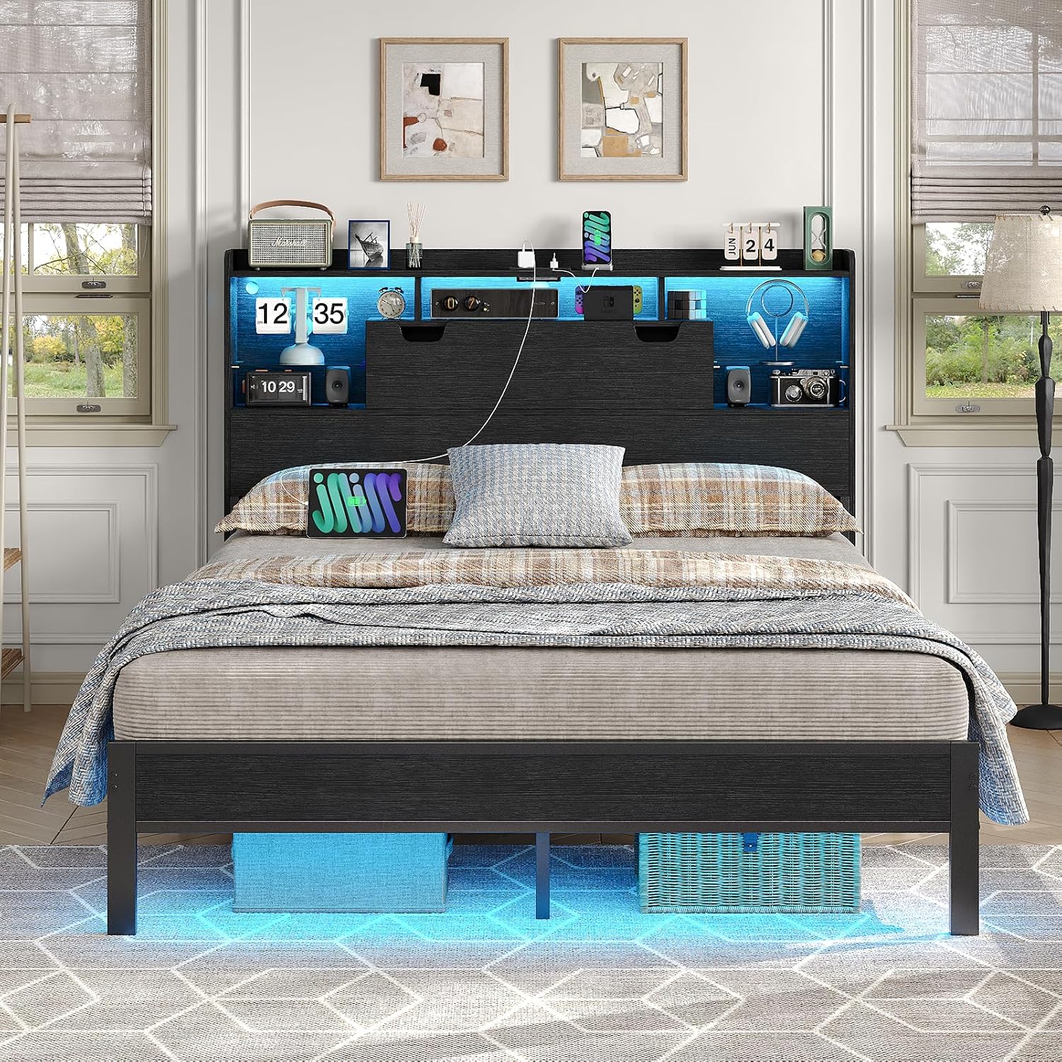 Queen Size Bed Frame with RGB LED Lights & Charging Station, Heavy-Duty Metal Platform Bed with Wood Storage Headboard for Teens & Adults, No Box Spring Needed, Noise-Free, Black