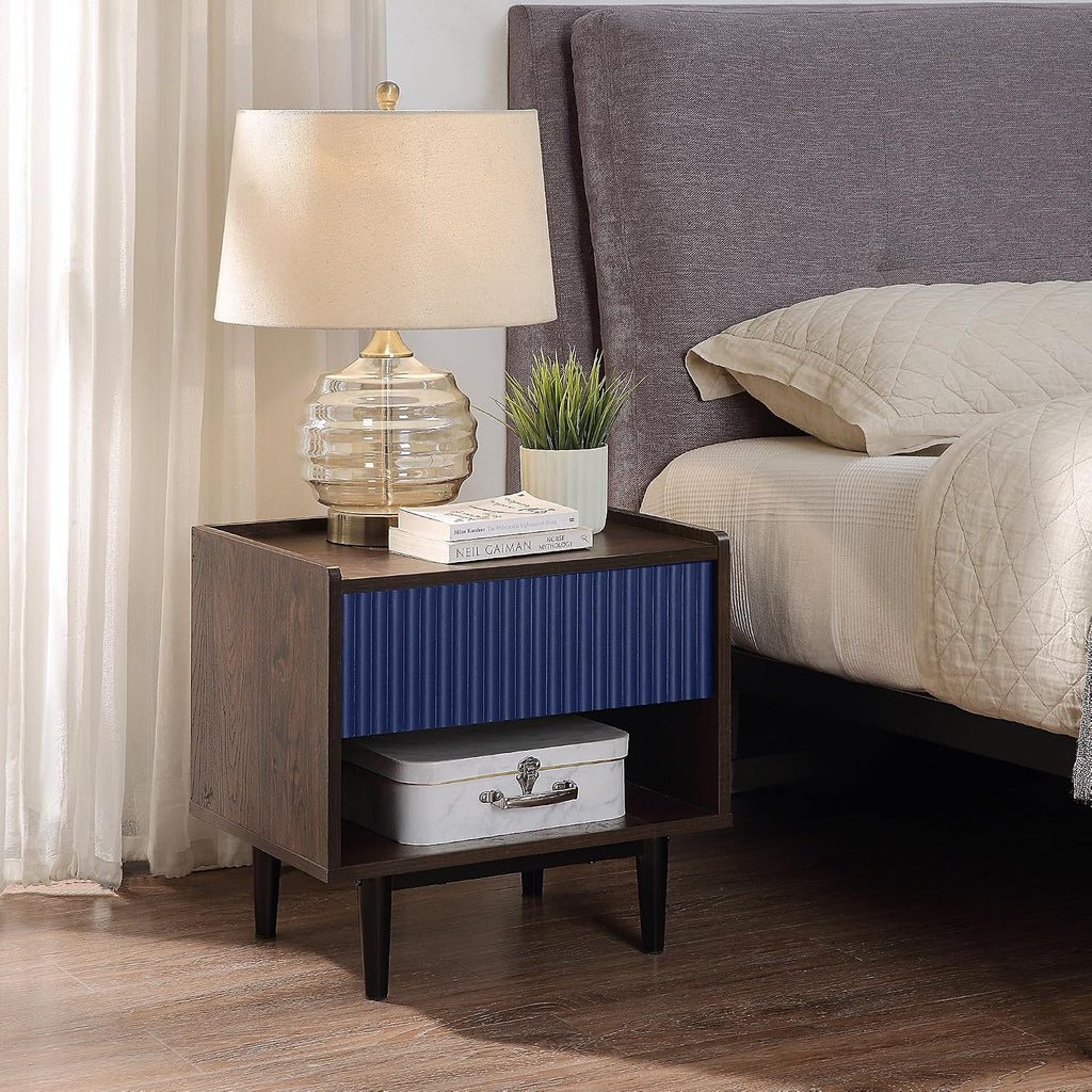 Manhattan Comfort Duane Fluted Nightstand with Full Extension Drawer and Open Shelf, Steel Legs, Bedside Table, Industrial Chic Accent Table for Living Room, Entryway and Bedroom in Navy Blue