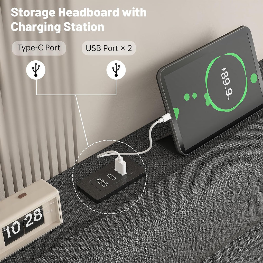 EnHomee Full Size Bed Frame with Adjustable Height Upholstered Headboard, 3 USB Charging Ports, Noise-Free Platform Bed, No Box Spring Needed, Grey