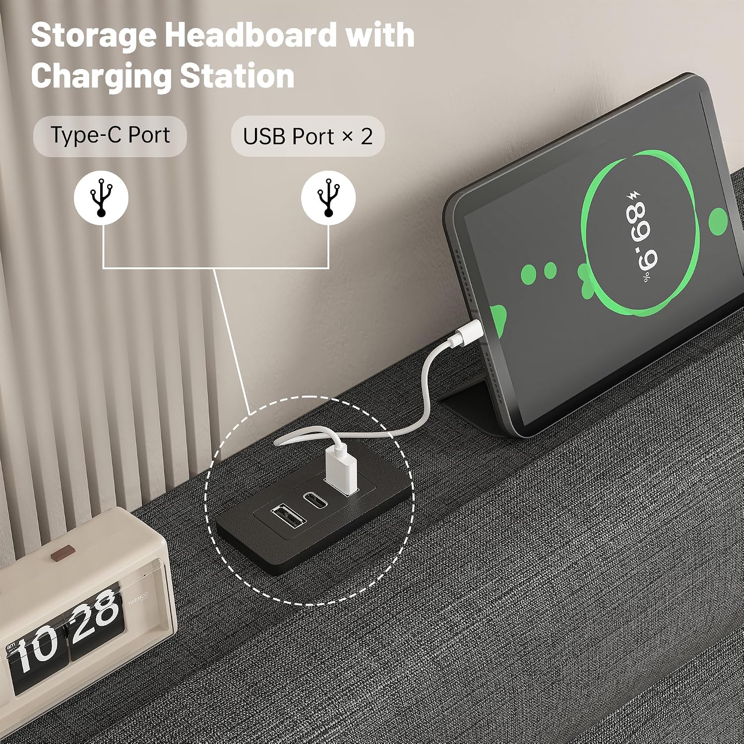 EnHomee Full Size Bed Frame with Adjustable Height Upholstered Headboard, 3 USB Charging Ports, Noise-Free Platform Bed, No Box Spring Needed, Grey
