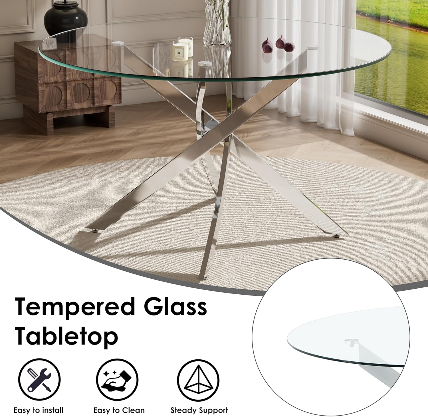 RGZ 7 Pieces Modern Round Kitchen Set, Clear Circle Glass Dining Table with Light Grey PU Faux Leather Chairs Set of 6, 47'' Large Luxury Circular Dinner Room Set, for Apartment Bedroom (Silver)
