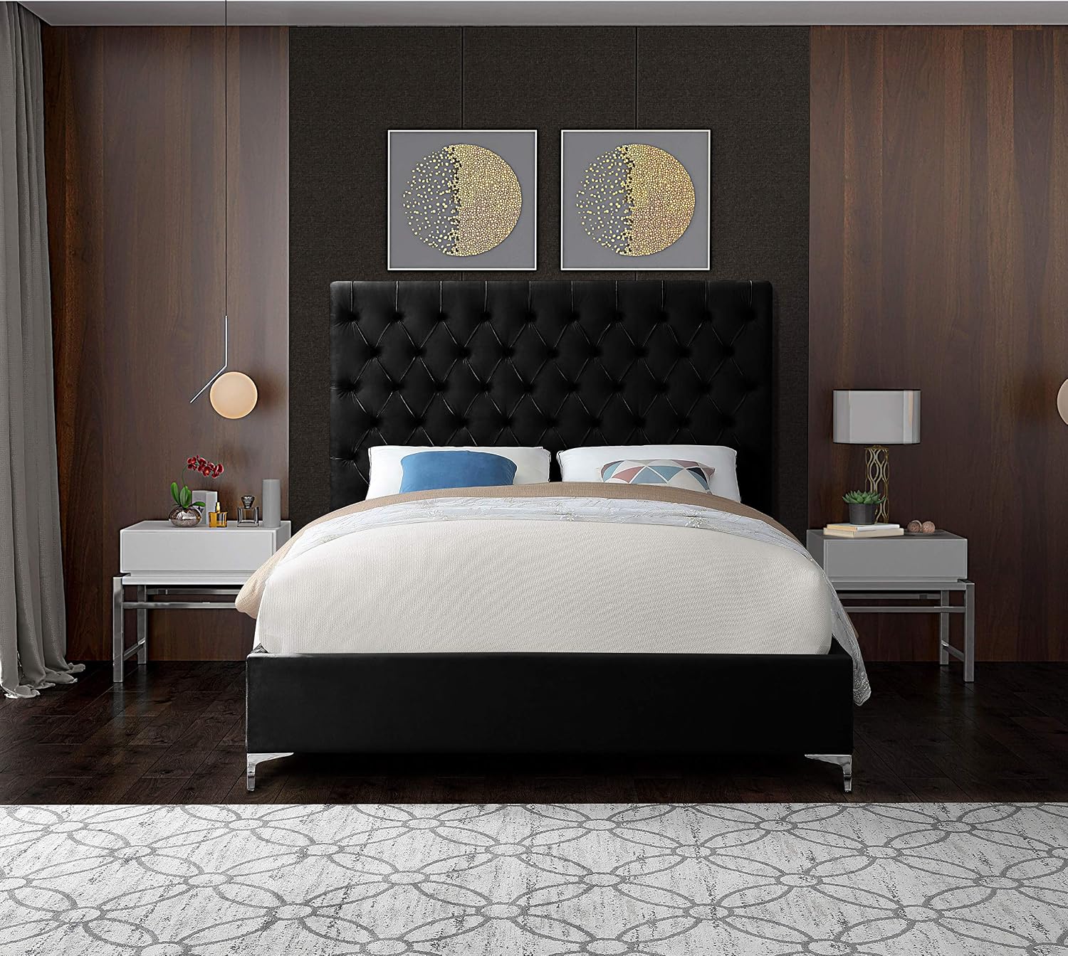 Meridian Furniture Cruz Collection Modern | Contemporary Velvet Upholstered Bed with Deep Button Tufting and Complete Sets of Gold and Chrome Legs Included, King, Black