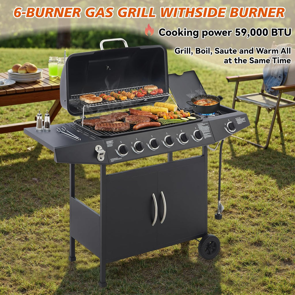 6-Burner Propane Gas Grills for Outdoor Cooking, 59000 BTU BBQ Portable Flat Top Grill Output Stainless Steel Barbecue Grill with Cabinet & Rolling Wheels and Side Tables (6 IN 1)