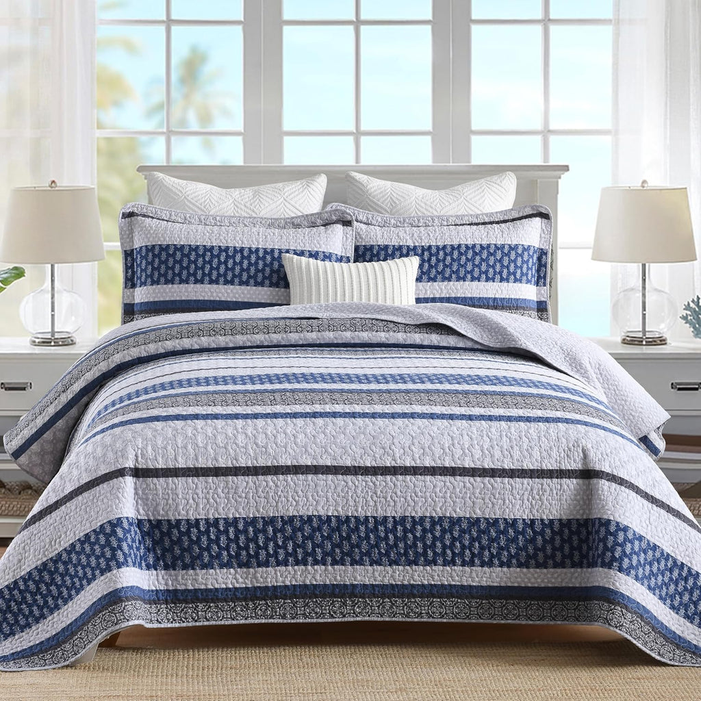 Homzard Quilt Bedding Set King Size,100% Cotton King Size Comforter Set,Gray Blue Quilts Bedspread for The Bed, Striped Farmhouse Lightweight Bedding (106 * 98 Inch) and 2 Pillow Shams All Season
