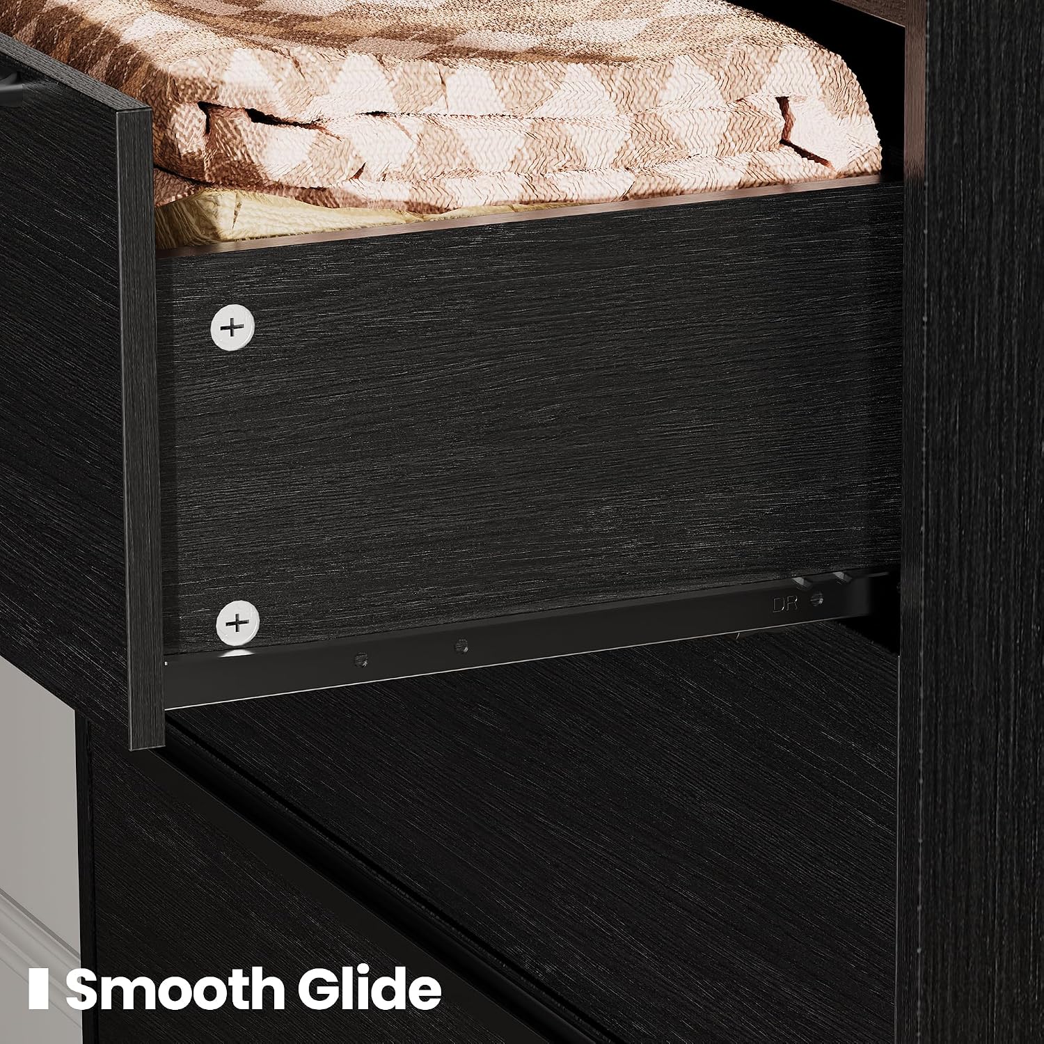 31' W x 48' H Black 5 Drawer Dresser for Bedroom, Modern Tall Chest of Drawers with Raised-Edge Gallery Top, Metal Handles, Tapered Legs, Black Oak