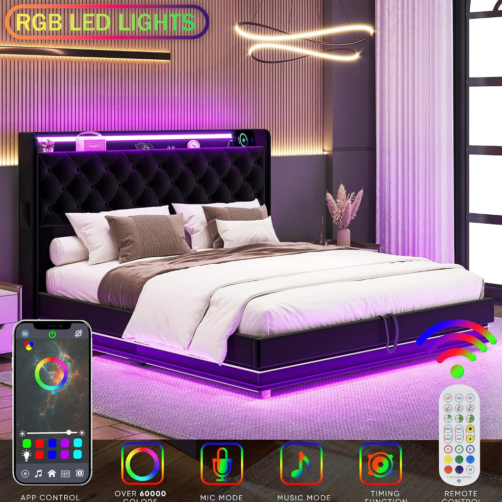 Ailisite Lift Up Storage Bed Full, Bed Frame Full Size with Charging Station & Led Lights, Upholstered Storage Bed with Wingback 2-Tier Bookcase Headboard, Hydraulic Lift, No Box Spring Needed,Black