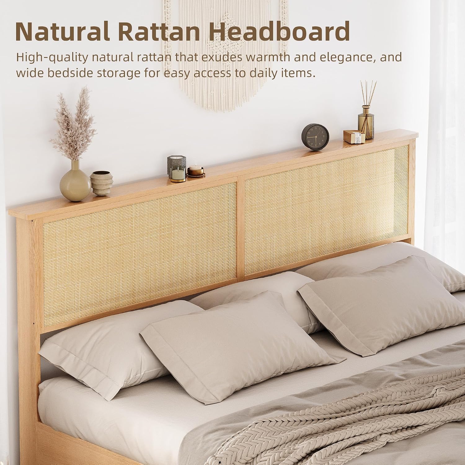 GarveeHome Natural Rattan Full Size Bed Frame with Sliding Barn Door Storage Cabinets, LED Light Headboard, Boho Farmhouse Wood Platform Bed with Solid Wood Legs Support, No Box Spring Needed