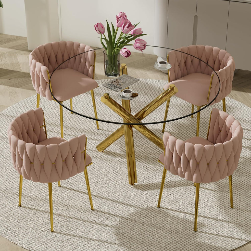 5 Piece Modern Gold Round Glass Dining Table Set, 47'' Clear Circle Glass Top Kitchen Set, 4 Person Luxury Minimalist Circular Dinner Set with Pink Woven Chairs, for Large Apartment Bedroom