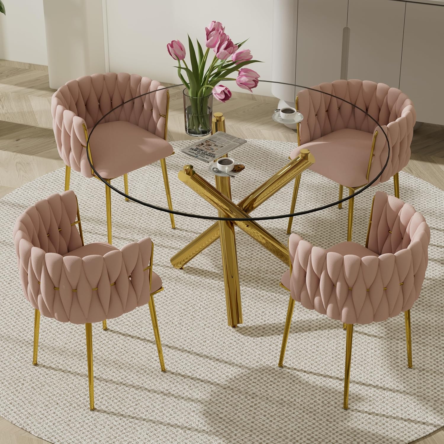 5 Piece Modern Gold Round Glass Dining Table Set, 47'' Clear Circle Glass Top Kitchen Set, 4 Person Luxury Minimalist Circular Dinner Set with Pink Woven Chairs, for Large Apartment Bedroom