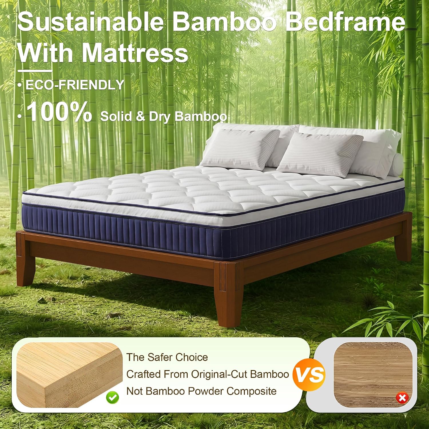 Dolonm Full Size Bamboo Bed Frame with 10' Mattress-Medium Hybrid Firm, Japanese Joinery Bed Frame and Mattress Set, Certipur-US Certified Pocket Spring, Pressure Relief, and Motion Isolation（Walnut