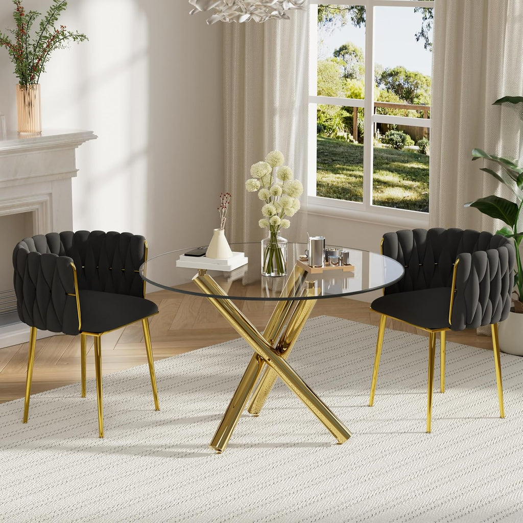 Modern Golden Round Dining Table Set, 36'' Clear Circle Glass Top Dinner Room Set, 3 PCS Luxury Circular Kitchen Table and Black Woven Chairs Set of 2, for Small Apartment Bedroom Leisure
