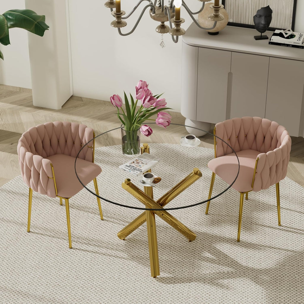 3 Pieces Gold Luxury Round Dining Table Set, Modern Minimalist Circle Dinner Room Set, 36'' Clear Circular Glass Top Kitchen Table with Pink Woven Chairs Set of 2, for Bedroom Small Apartment