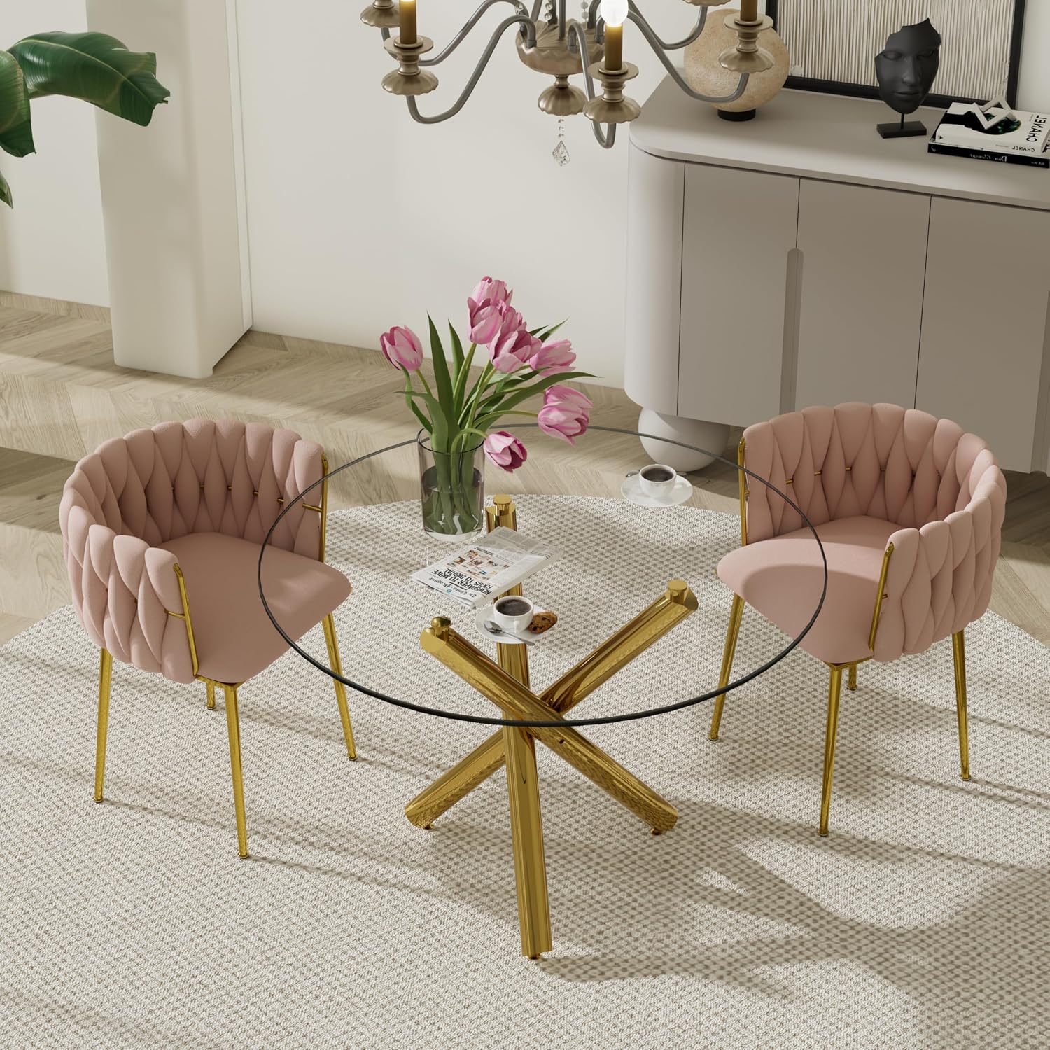 3 Pieces Gold Luxury Round Dining Table Set, Modern Minimalist Circle Dinner Room Set, 36'' Clear Circular Glass Top Kitchen Table with Pink Woven Chairs Set of 2, for Bedroom Small Apartment