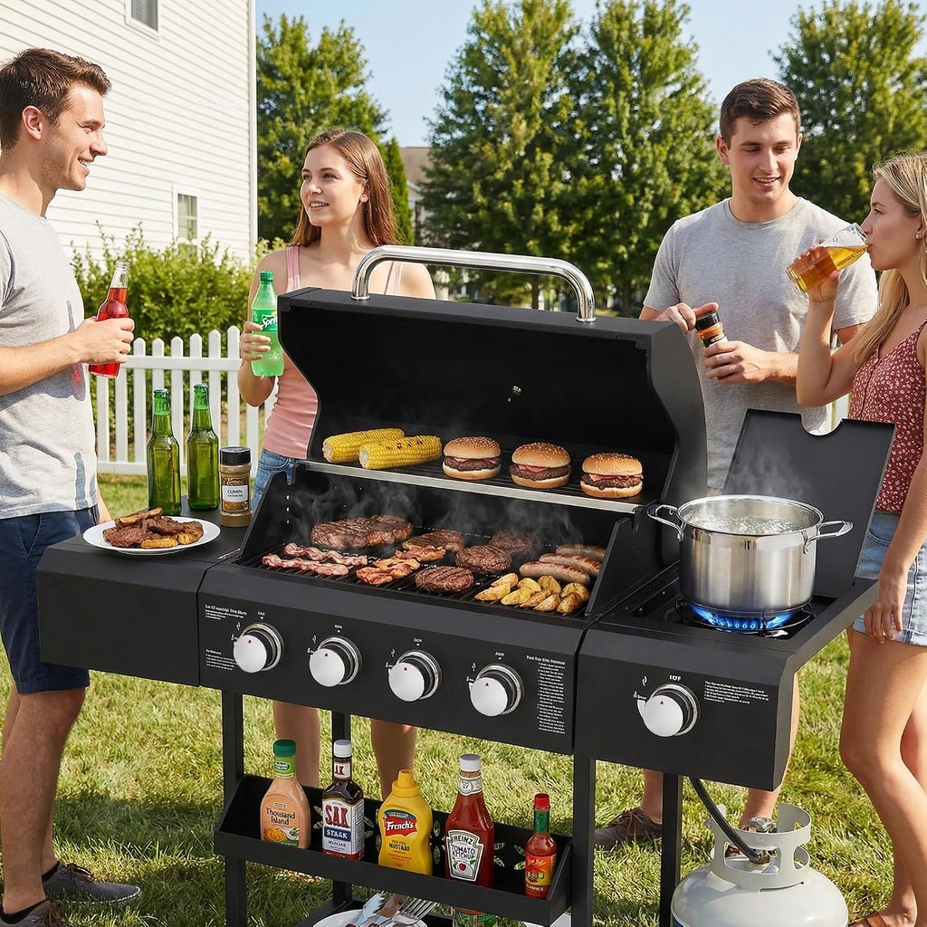 MAGIC UNION 4-Burner Propane Gas Grill with Side Burner, Portable Outdoor BBQ Grill with Wheels, Stainless Steel Grates, Side Tables & Spice Rack, 50000 BTU for Patio, Camping & Outdoor Cooking