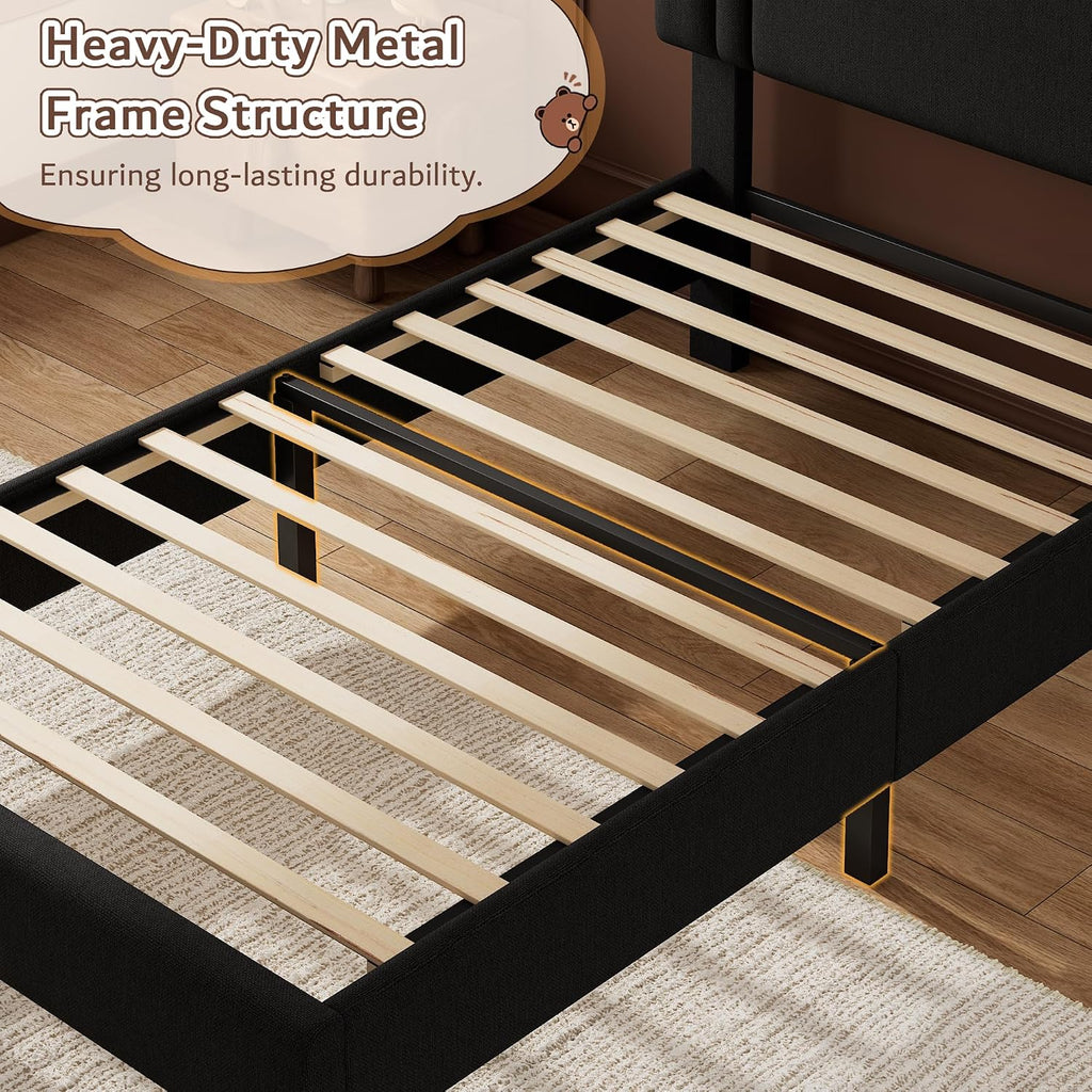 iPormis Twin Platform Bed Frame with Fabric Upholstered Headboard & Thickened Legs, Mattress Foundation with Solid Wooden Slats Support, No Box Spring Needed, Noise Free, Black