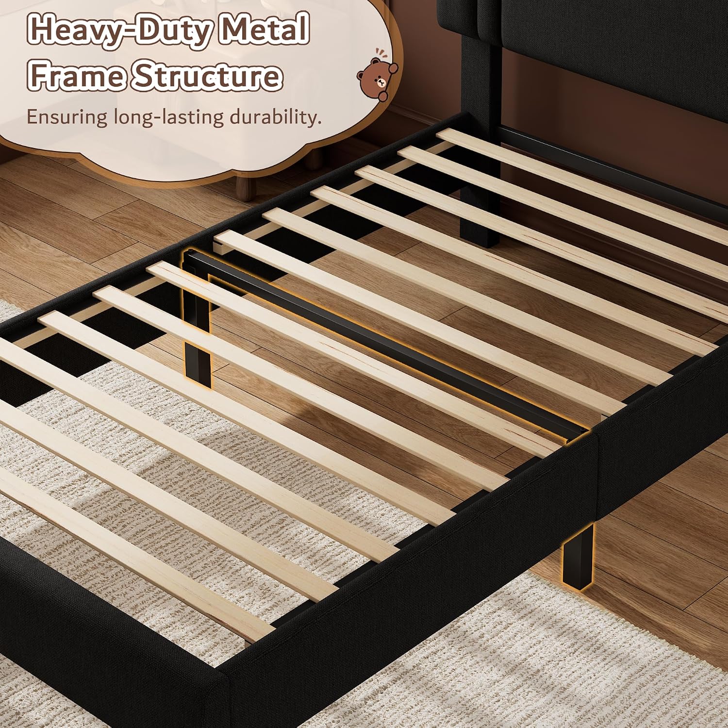 iPormis Twin Platform Bed Frame with Fabric Upholstered Headboard & Thickened Legs, Mattress Foundation with Solid Wooden Slats Support, No Box Spring Needed, Noise Free, Black