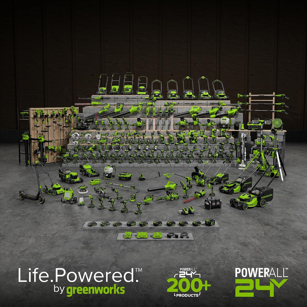 Greenworks 24V 10' (5-Speed) Fan (500 CFM), Hybrid (AC / DC), 2.0 Ah USB (Power Bank) Battery and Charger Included