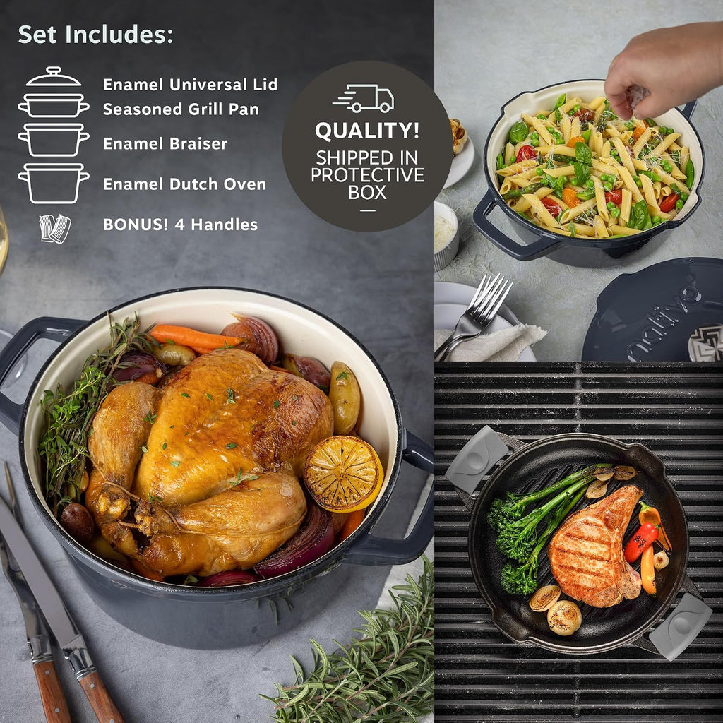 NATIVO 5 pc Stackable Cast Iron Cookware Set, Versatile Enamel Dutch Oven, Seasoned Grill Pan & Enamel Braiser with Precision Pour Spouts, Universal Lid, Included Spacers/Handle Holders, Stormy Grey