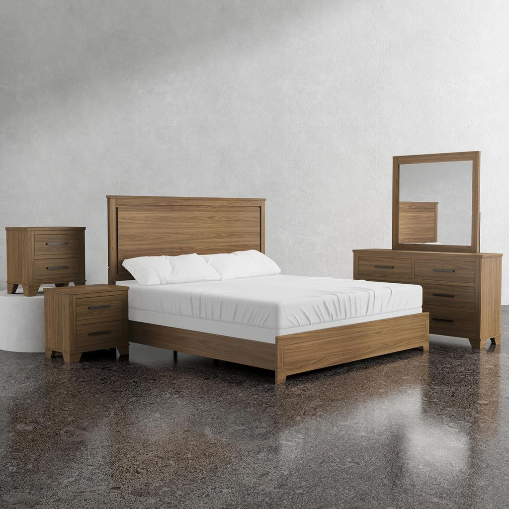 Furniture of America Nomal Modern Solid Wood 5-Piece Bedroom Set with Recessed Panel Headboard Bed, Metal Center Glide on Nightstands and Dresser with Mirror, Box Spring Needed, Queen, Chestnut Brown