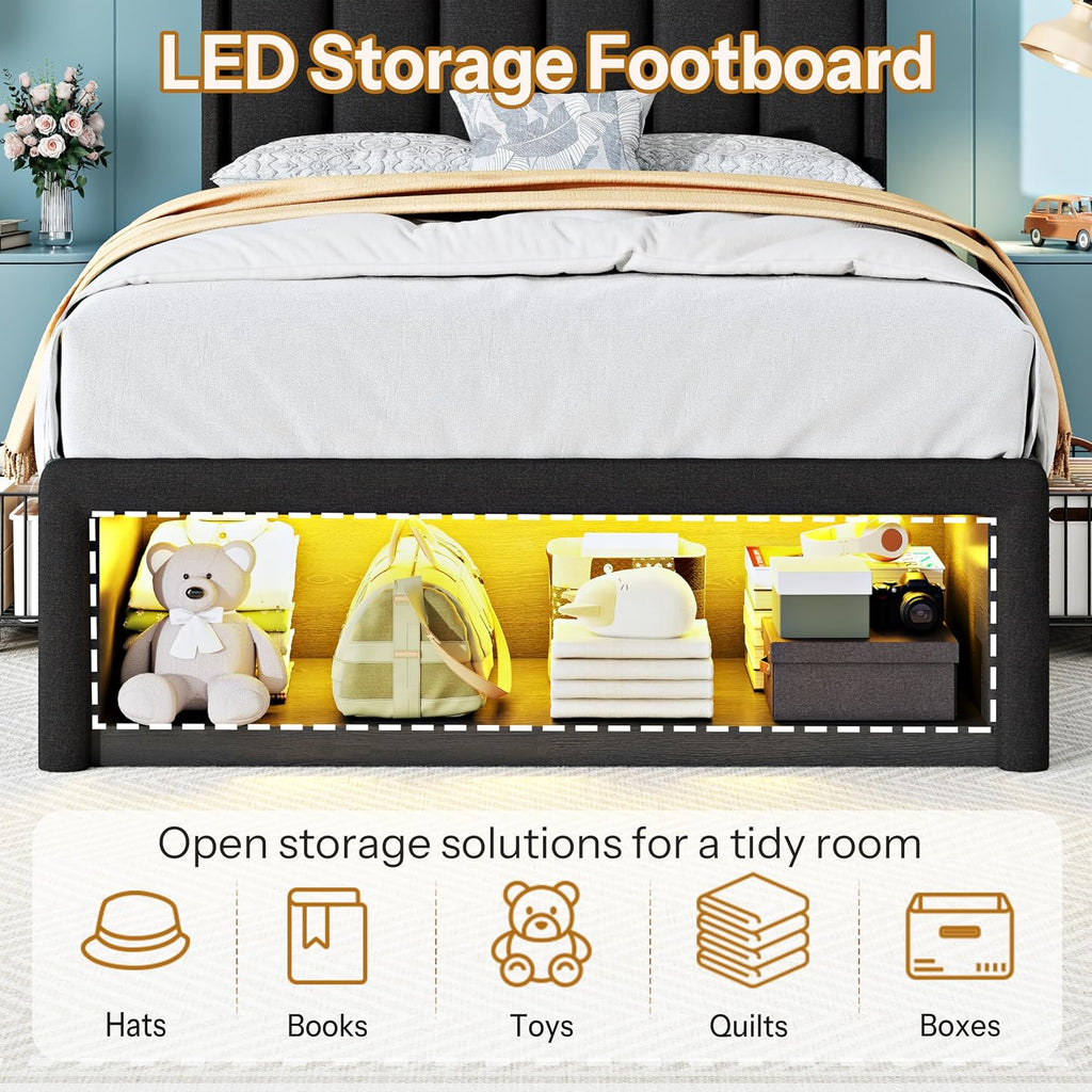 ChicZhiNest Twin Bed Frame with 2 Storage Drawers, LED Headboard with Charging Station, Upholstered Bed for Kids Boy with Wooden Slats & Footboard Cubbies, No Box Spring Needed, Black
