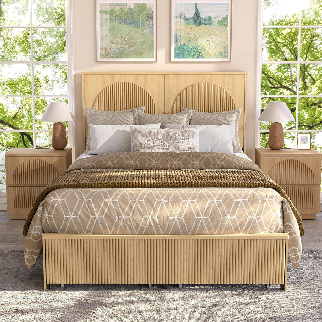XIAO WEI Fluted Queen Bed Frame with 52.4' Tall Headboard, Bed Frame with Storage Drawers,Wooden Bed Frame with 8' Underbed Storage, No Box Spring Needed,Natural