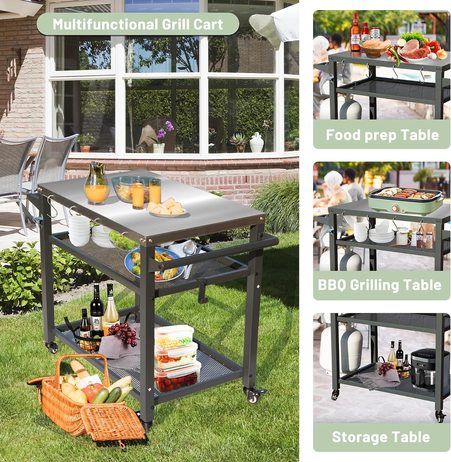 Domi 3-Shelf Outdoor Grill Table, Grill Cart with Wheels, Outdoor Pizza Oven and Food Prep Table, Blackstone with Stainless Steel Tabletop, BBQ Stand for Blackstone Griddle for Outside BBQ