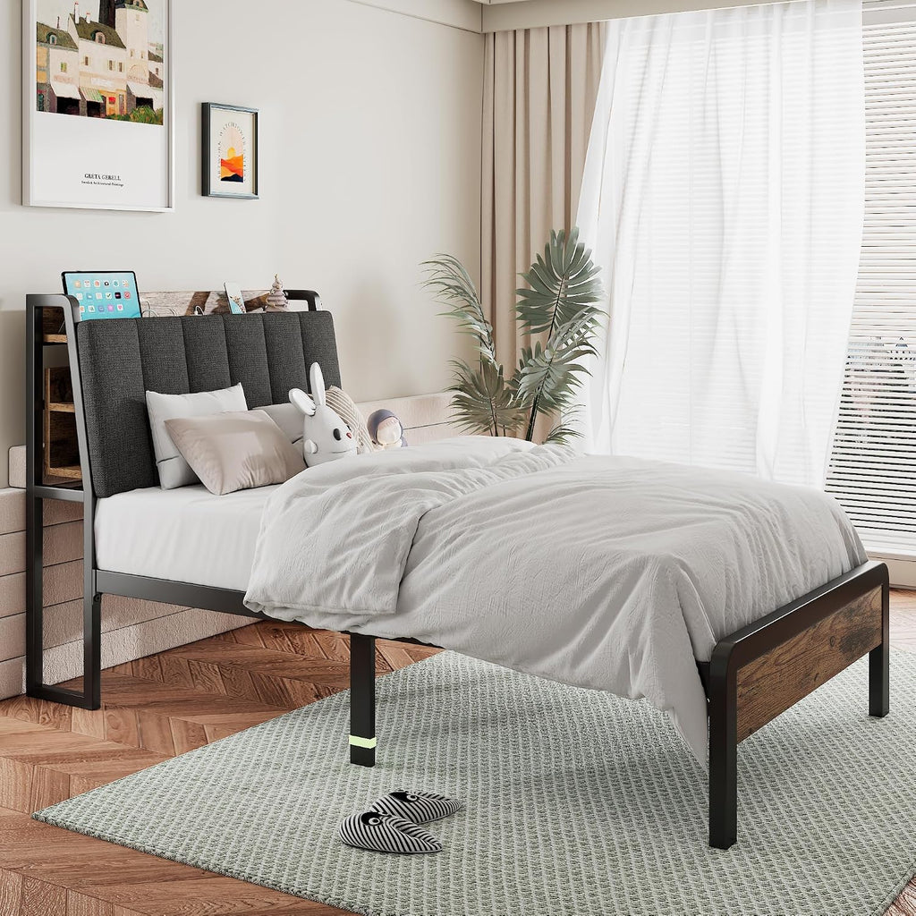 Feonase Twin Bed Frame, 14.5 Inch Metal Platform Bed with 1 Hidden Storage Shelf, Ergonomic Upholstered Headboard with Outlets, Easy Assembly, No Box Spring Needed