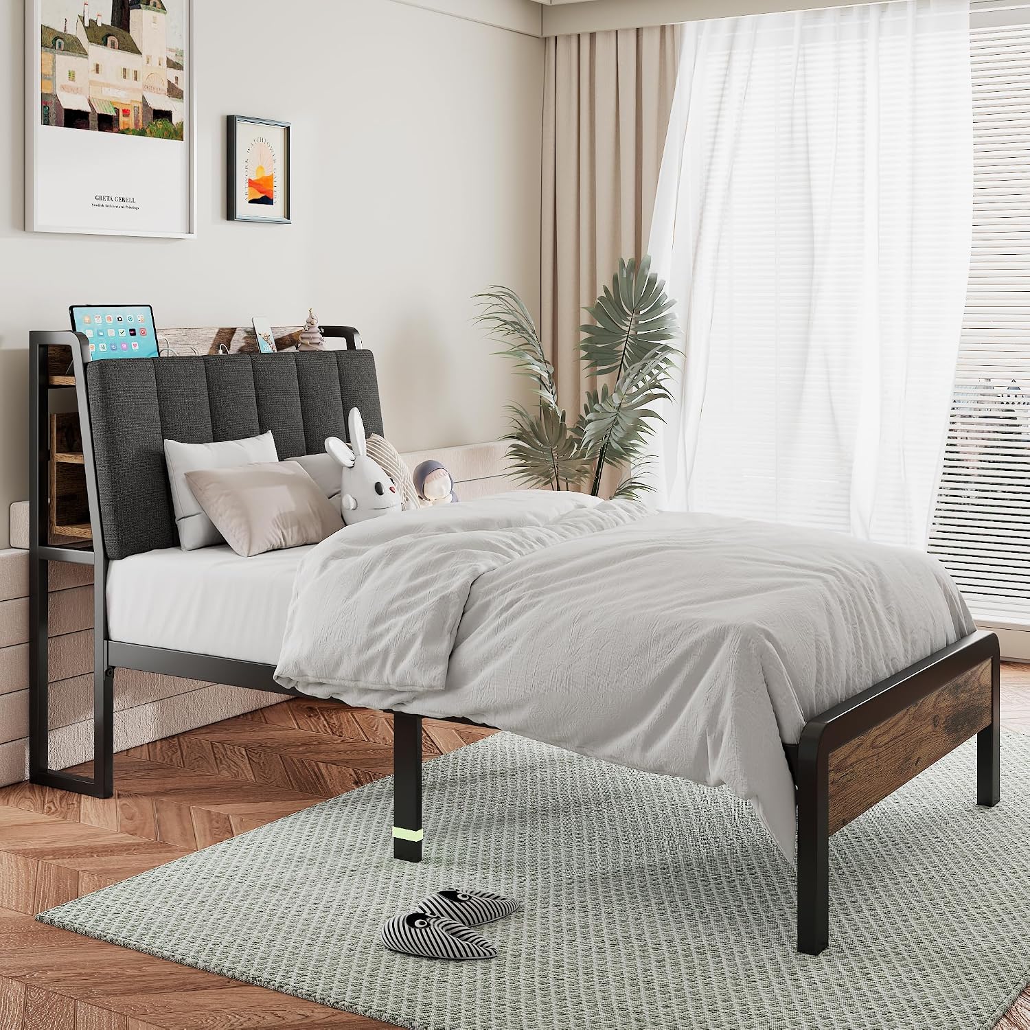 Feonase Twin Bed Frame, 14.5 Inch Metal Platform Bed with 1 Hidden Storage Shelf, Ergonomic Upholstered Headboard with Outlets, Easy Assembly, No Box Spring Needed