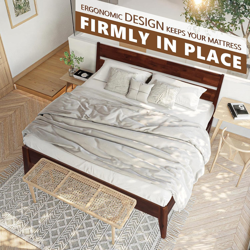 Acacia Emery Bed Frame with Headboard Solid Wood Platform Bed, Queen Size Bed Frame, Mid - Century Modern Wood Bed Compatible with All Mattresses, Easy Assembly, Non-Slip, Chocolate.