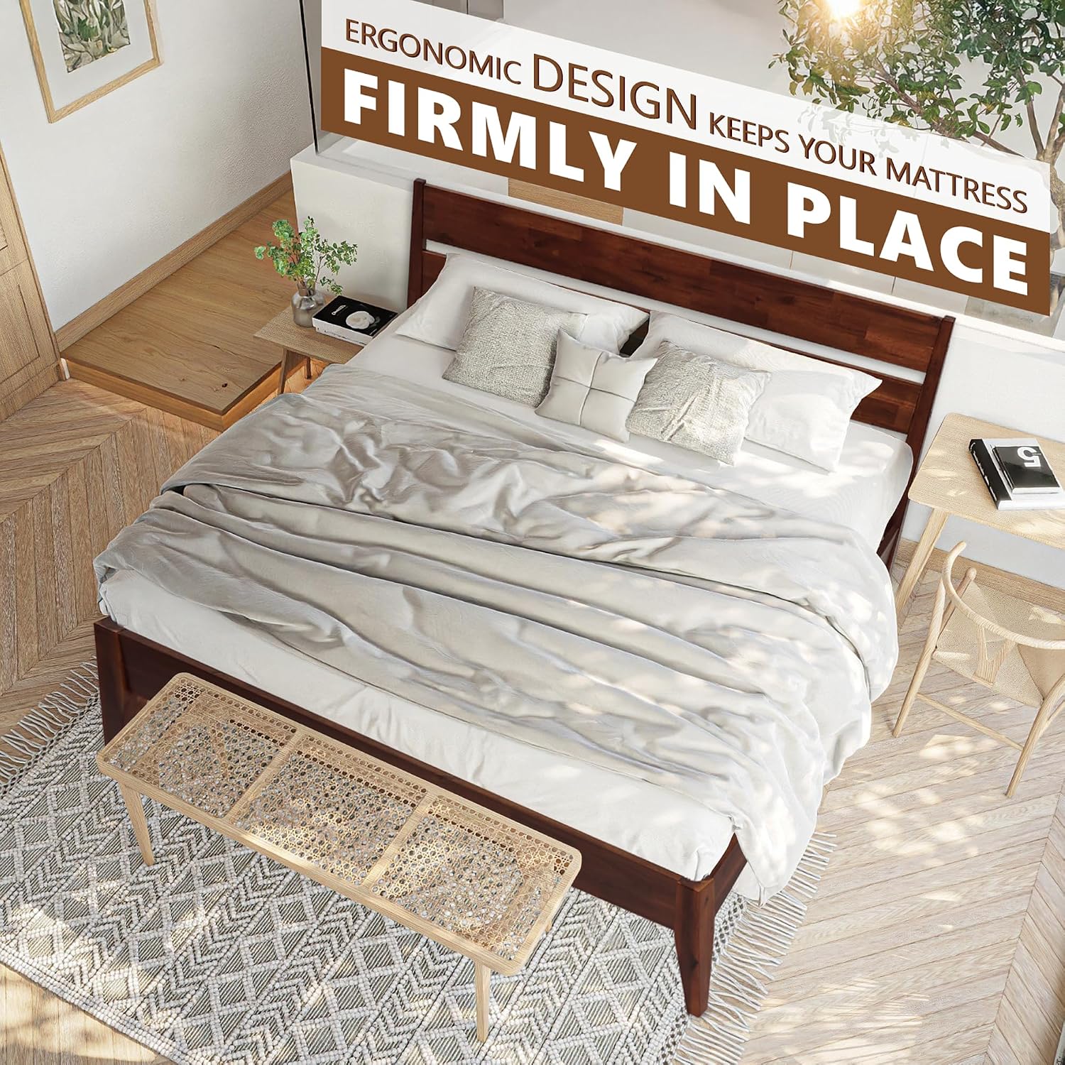 Acacia Emery Bed Frame with Headboard Solid Wood Platform Bed, Queen Size Bed Frame, Mid - Century Modern Wood Bed Compatible with All Mattresses, Easy Assembly, Non-Slip, Chocolate.