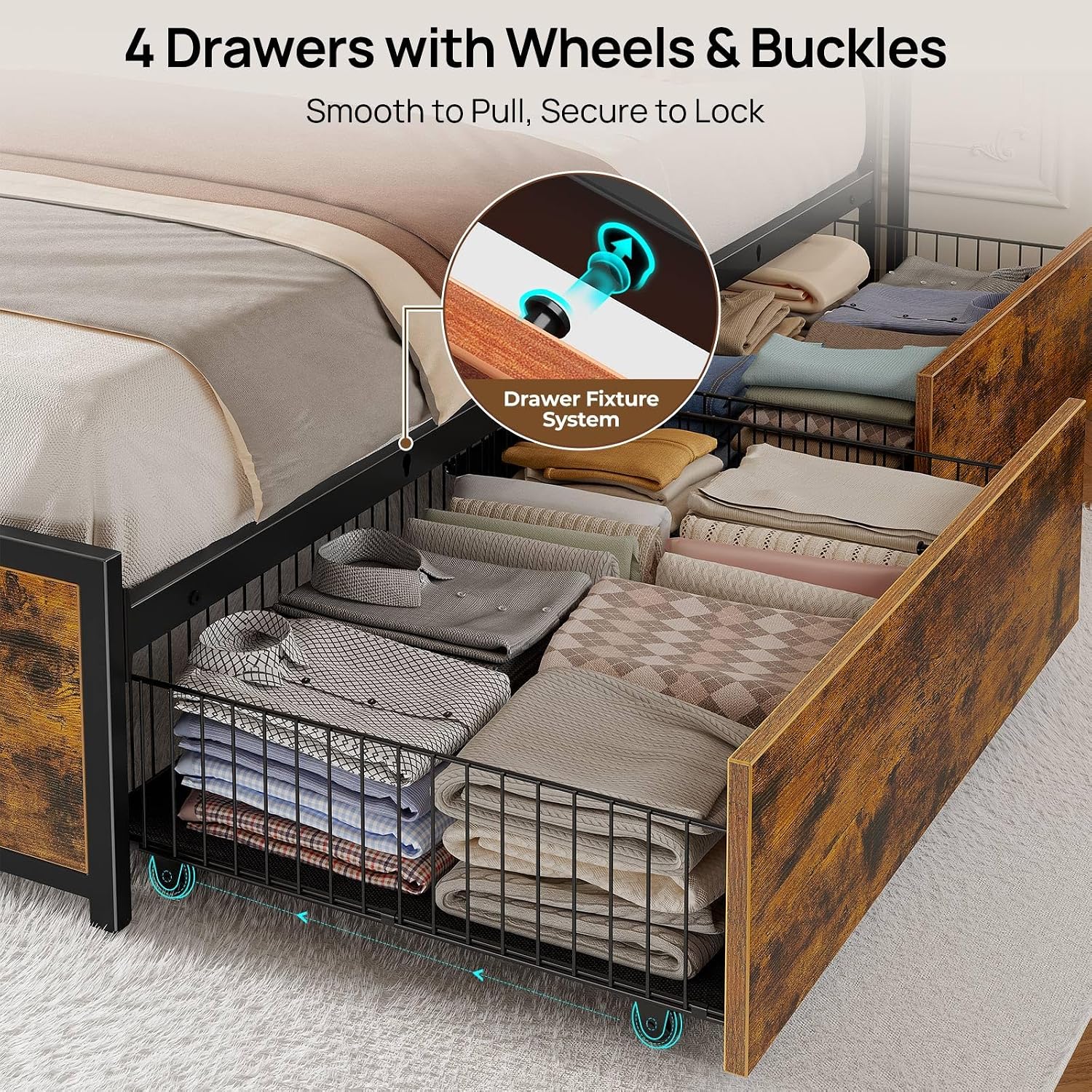 Rolanstar Full Size Bed Frame with 4 Storage Drawers, Charging Station and LED Lights, Metal Platform Bed with 2-Tier Storage Headboard, No Box Spring Needed, Easy Assembly, Noise-Free, Rustic Brown