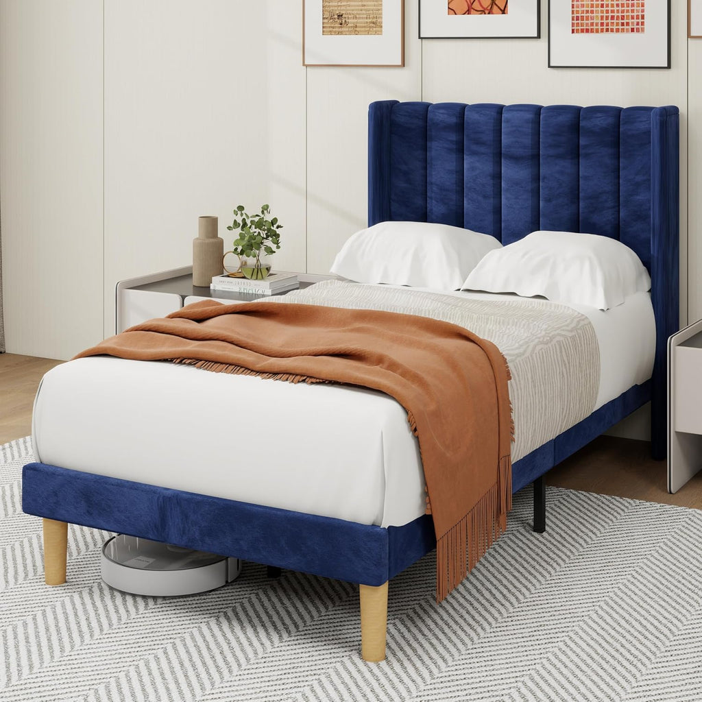 alazyhome Platform Bed Frame Twin Size with Upholstered Headboard, Solid Wood Slats Support, No Box Spring Needed, Noise Free, Easy Assembly, Modern Velvet Bed, Blue