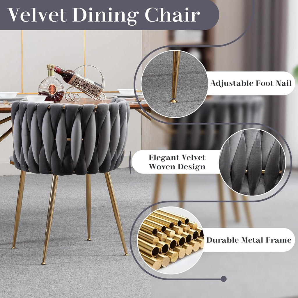 3 Piece Modern Glass Round Dining Set, Clear Circle Glass Top Dinner Room Set, 36'' Gold Luxury Circular Kitchen Table and Grey Woven Chairs Set of 2, for Small Apartment Bedroom Leisure
