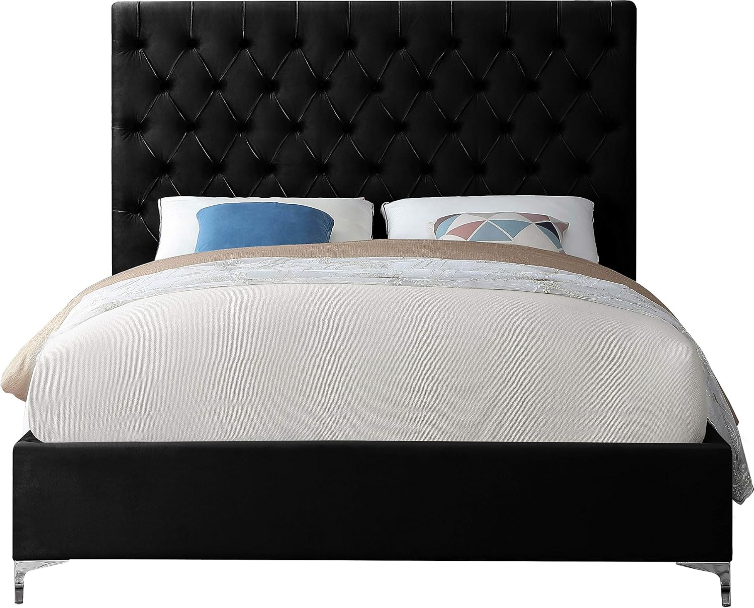 Meridian Furniture Cruz Collection Modern | Contemporary Velvet Upholstered Bed with Deep Button Tufting and Complete Sets of Gold and Chrome Legs Included, Full, Black