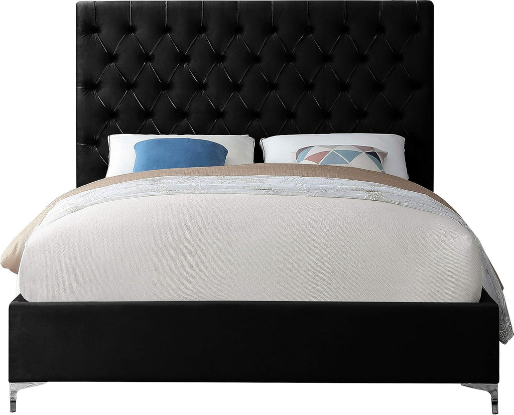 Meridian Furniture Cruz Collection Modern | Contemporary Velvet Upholstered Bed with Deep Button Tufting and Complete Sets of Gold and Chrome Legs Included, King, Black