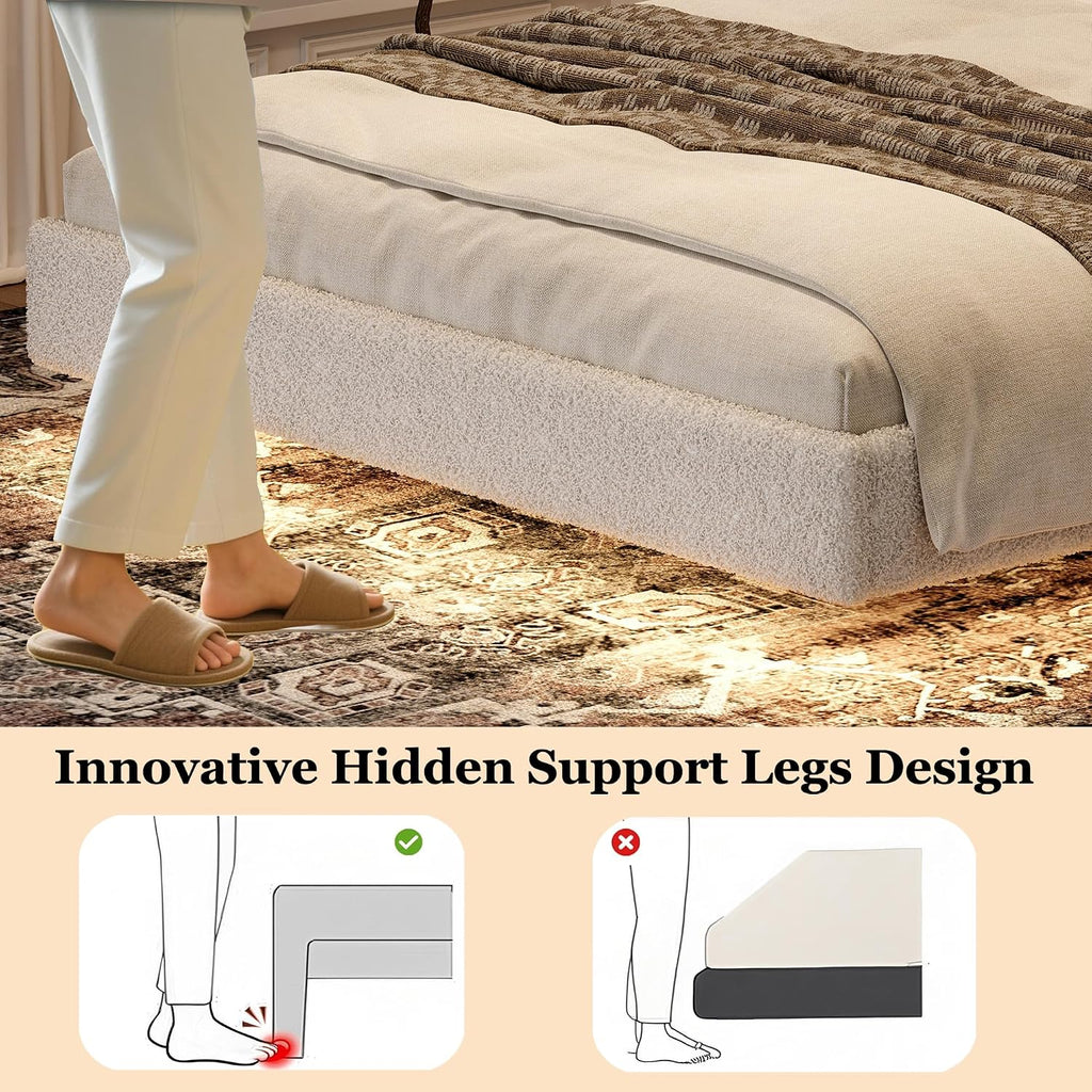 Ailisite Full Size Floating Bed Frame with LED Lights and Charging Port, Visual Floating LED Bed Frame with Curved Cloud Headboard, White Boucle Upholstered Platform Bed, Heavy Duty