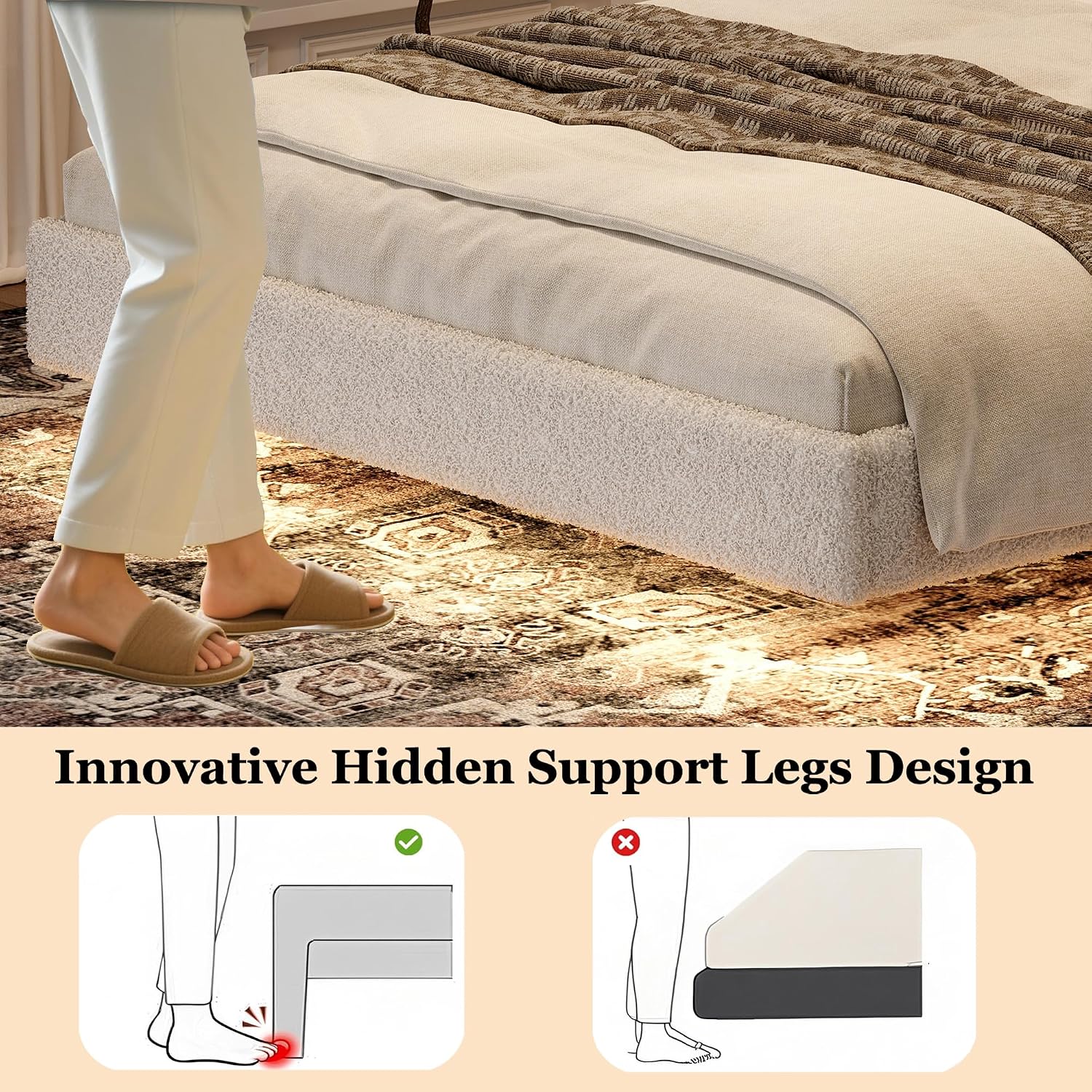 Ailisite Full Size Floating Bed Frame with LED Lights and Charging Port, Visual Floating LED Bed Frame with Curved Cloud Headboard, White Boucle Upholstered Platform Bed, Heavy Duty