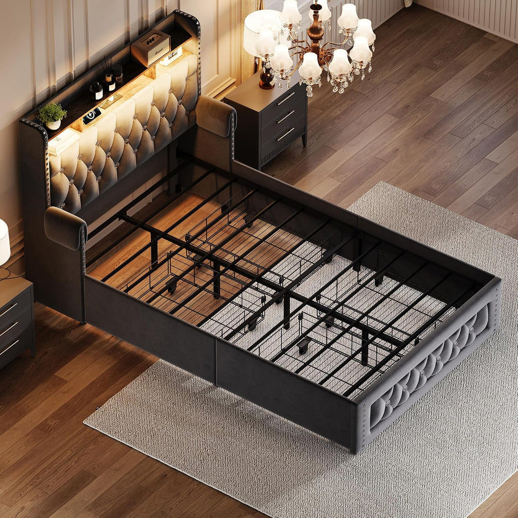 Ailisite Twin Size Bed Frame with 4 Storage Drawers and RGB Led Lights,Velvet Upholstered Platform Bed with Charging Station and Bookcase Storage Headboard, with Crystal and Rivet Deco, Grey