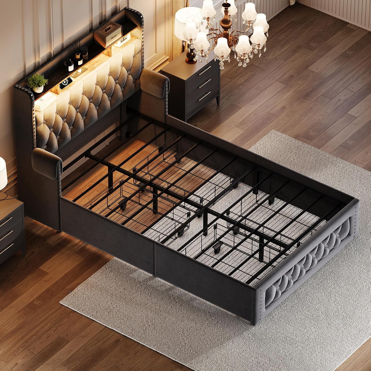 Ailisite Twin Size Bed Frame with 4 Storage Drawers and RGB Led Lights,Velvet Upholstered Platform Bed with Charging Station and Bookcase Storage Headboard, with Crystal and Rivet Deco, Grey
