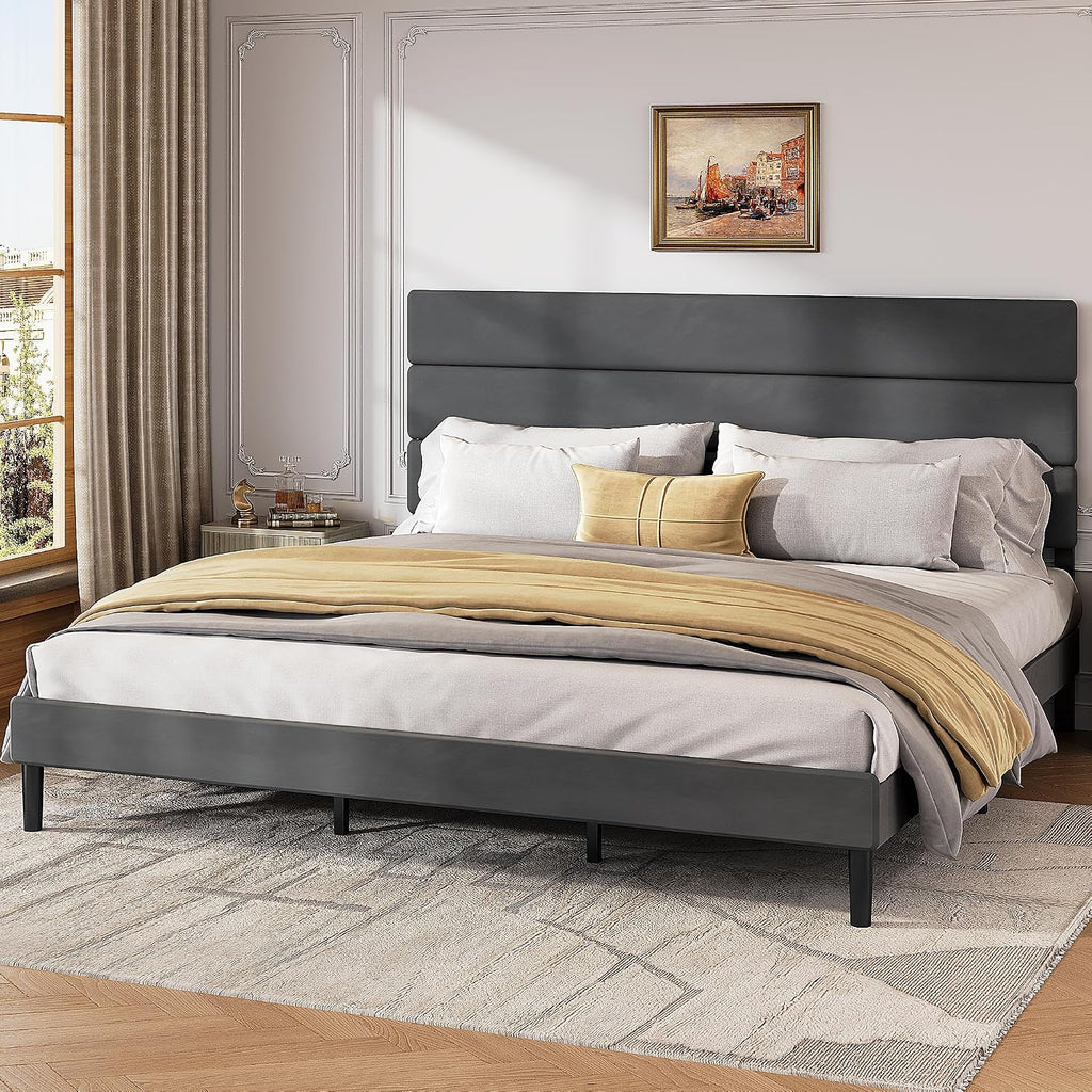 WLIVE Upholstered Bed Frame, King Size Bed Frame with Headboard, Platform Bed with Wood Slats, 1500LBS Mattress Foundation, No Box Spring Needed, Easy Assembly, Velvet Grey