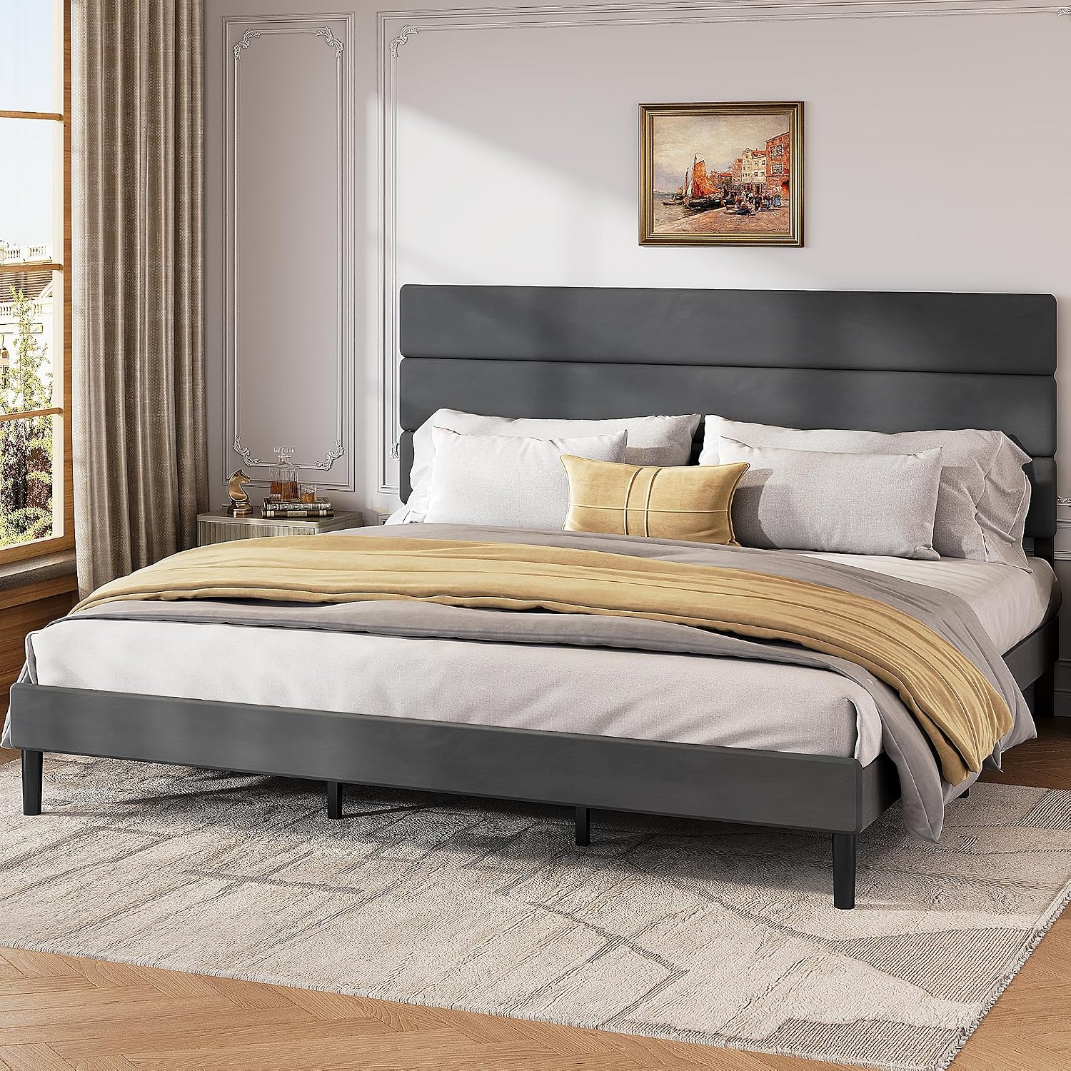 WLIVE Upholstered Bed Frame, King Size Bed Frame with Headboard, Platform Bed with Wood Slats, 1500LBS Mattress Foundation, No Box Spring Needed, Easy Assembly, Velvet Grey
