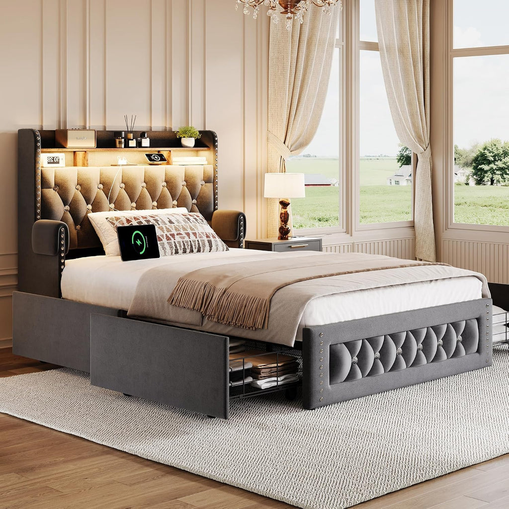 Ailisite Twin Size Bed Frame with 4 Storage Drawers and RGB Led Lights,Velvet Upholstered Platform Bed with Charging Station and Bookcase Storage Headboard, with Crystal and Rivet Deco, Grey