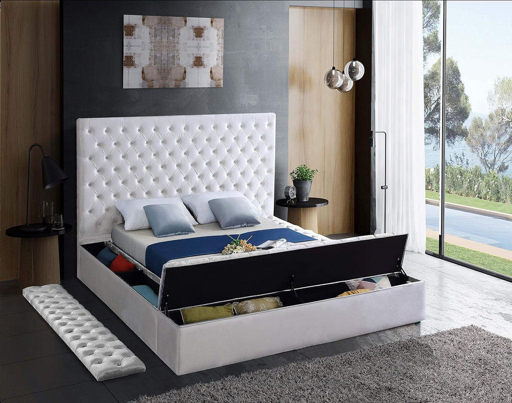 Meridian Furniture Bliss Collection Modern | Contemporary Velvet Upholstered Bed with Deep Button Tufting and Storage Compartments in Rails and Footboard, White, Queen